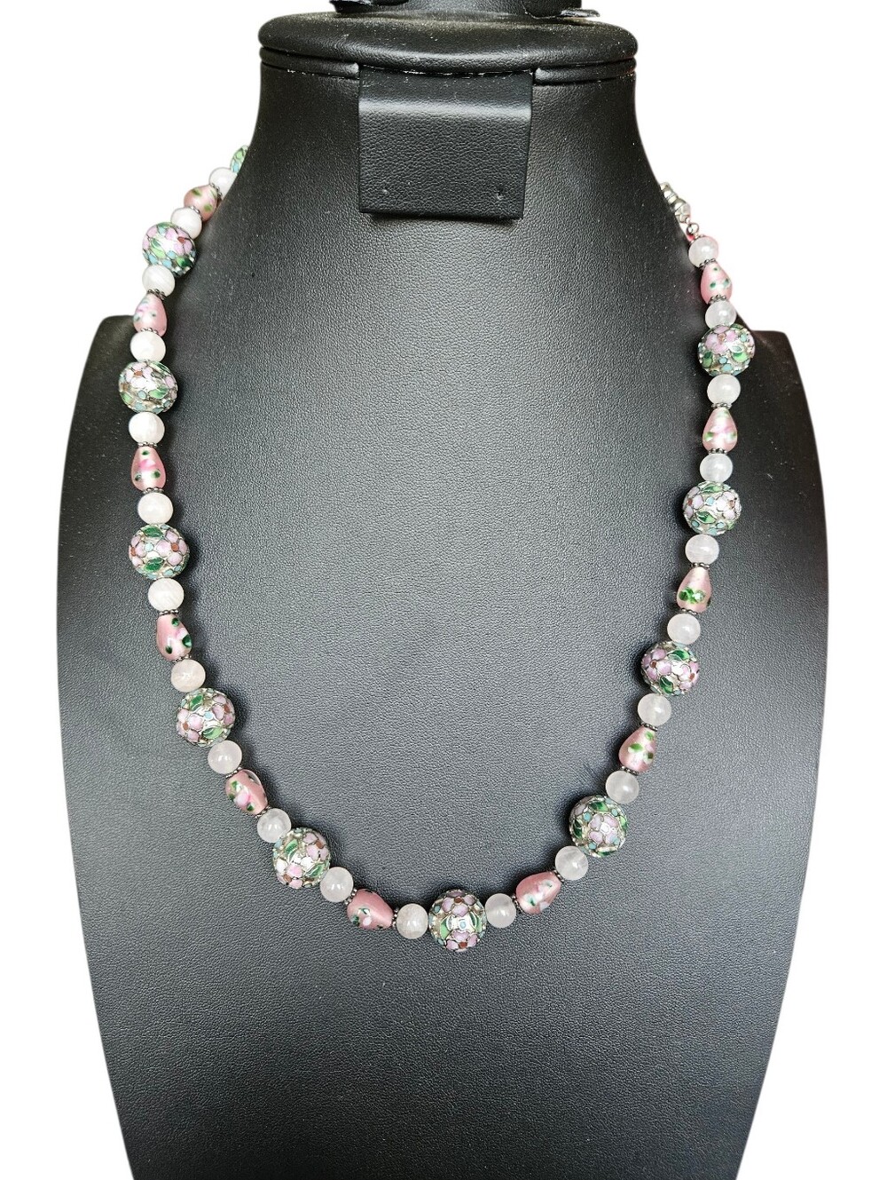 Vintage Cloisonne Beaded Pink Necklace With Rose Quartz And Glass Beads 23"